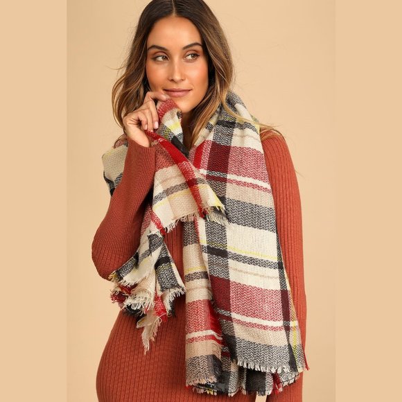 Lulus Accessories - Lulus Seeking Comfort Red Multi-Color Plaid Textured Knit Scarf